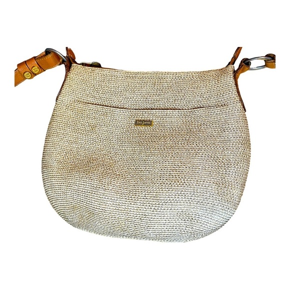 ERIC JAVITS WOVEN SQUISHEE CROSSBODY BAG TAN BROWN GOLD STRAW LEATHER - Picture 10 of 12